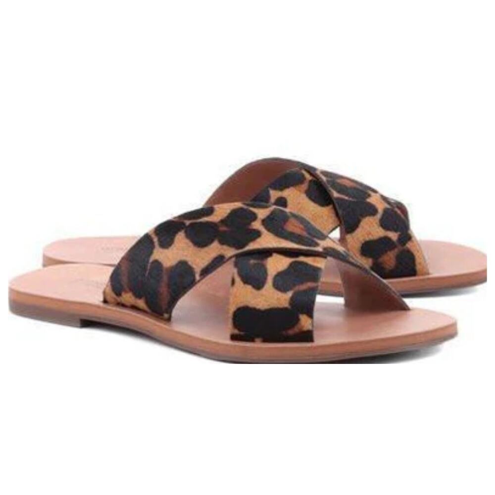 Anacapri Women's Animal Print Cross Strap Flat Slide Sandals 37 Brown Slip On k